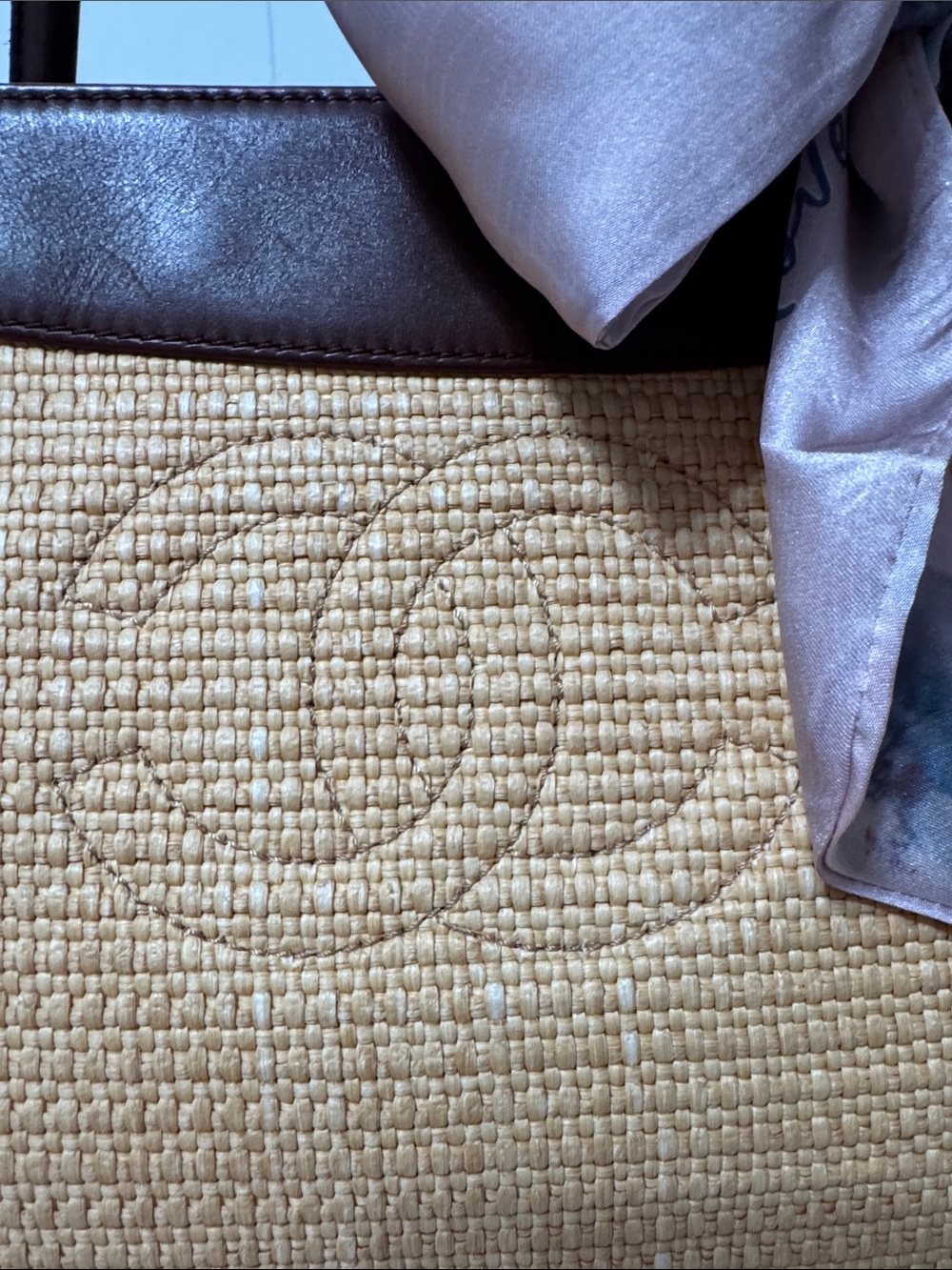 CHANEL Vintage Raffia  Straw Tote with Brown Leather Trim - Picture 2 of 15